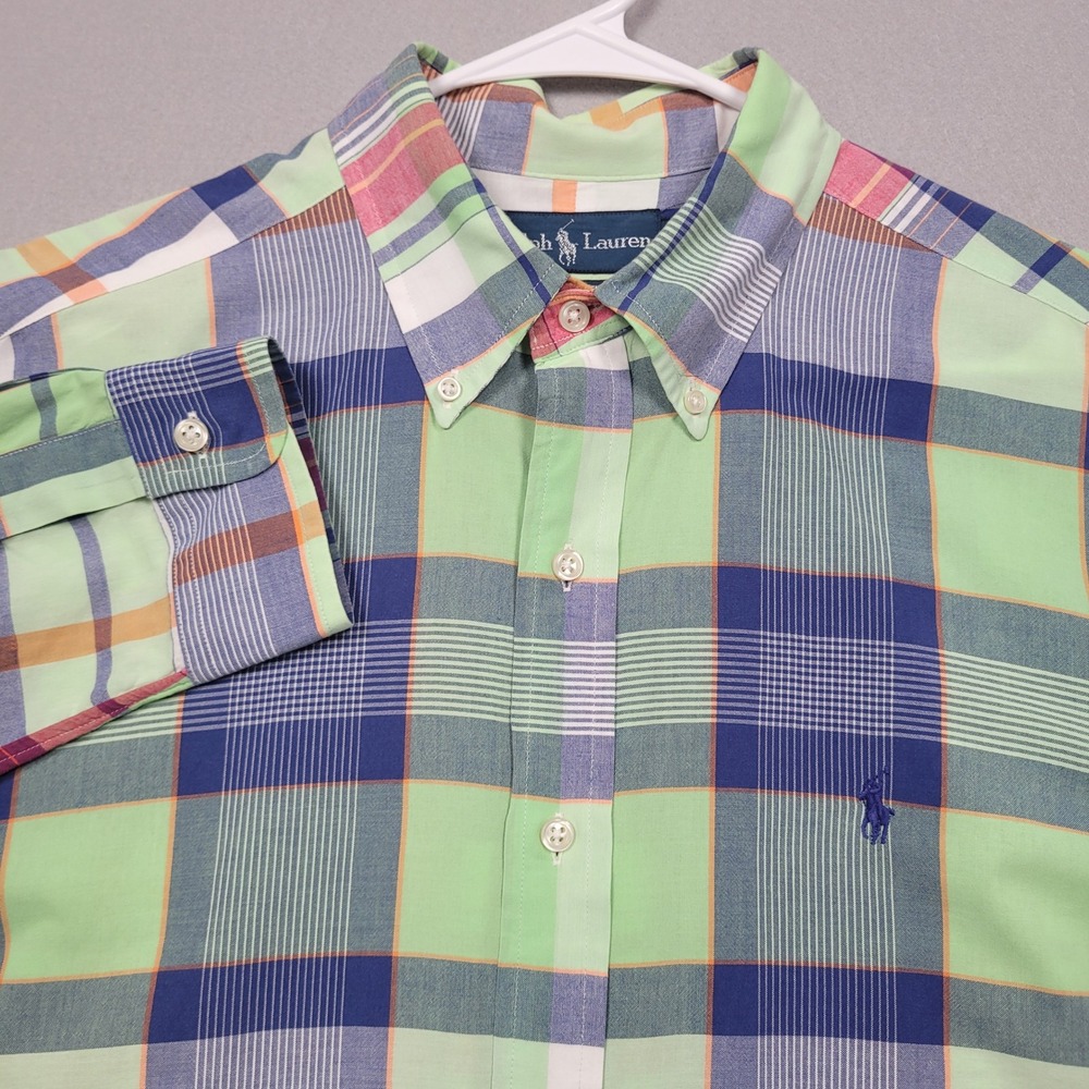 Ralph Lauren Mens Classic Fit Button Down Shirt Green Plaid Large Long Sleeve